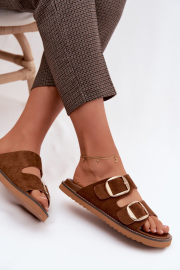 Pantofole da donna dorate con fibbie in suede sintetico color marrone Averia