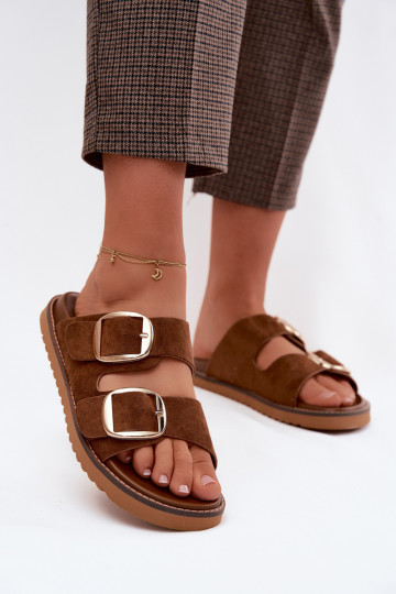 Pantofole da donna dorate con fibbie in suede sintetico color marrone Averia 2
