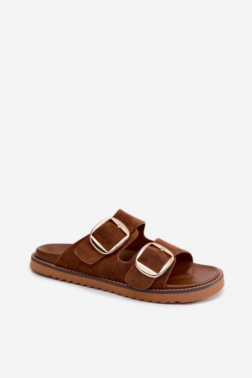 Pantofole da donnaImitacji dalla pelle scamosciatau colore dorato con fibbie colore marrone Averia