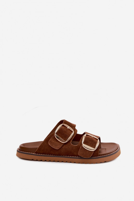 Pantofole da donnaImitacji dalla pelle scamosciatau colore dorato con fibbie colore marrone Averia