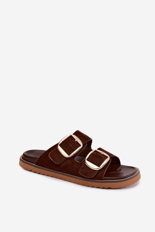 Pantofole da donnaImitacji dalla pelle scamosciatau colore dorato con fibbie CzekoladoAe Averia