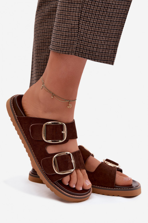 Pantofole da donnaImitacji dalla pelle scamosciatau colore dorato con fibbie CzekoladoAe Averia