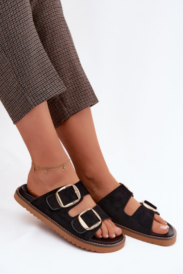 Pantofole da donnaImitacji dalla pelle scamosciatau colore dorato con fibbie colore nero Averia