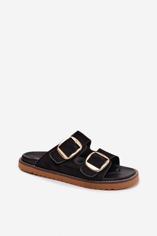 Pantofole da donnaImitacji dalla pelle scamosciatau colore dorato con fibbie colore nero Averia