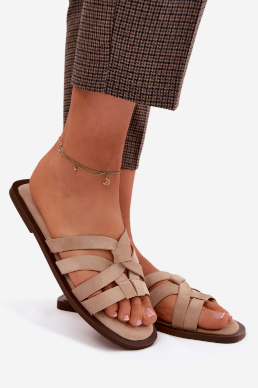 Pantofole Appartamento delle donne con strisce Imitacja dalla pelle scamosciatau beige Calvia