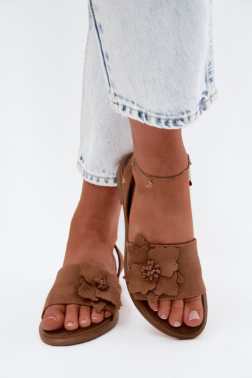 Sandali in suede con tacco largo e fiori decorativi Zazoo 407471 in marrone