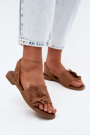 Sandali in suede con tacco largo e fiori decorativi Zazoo 407471 in marrone 2