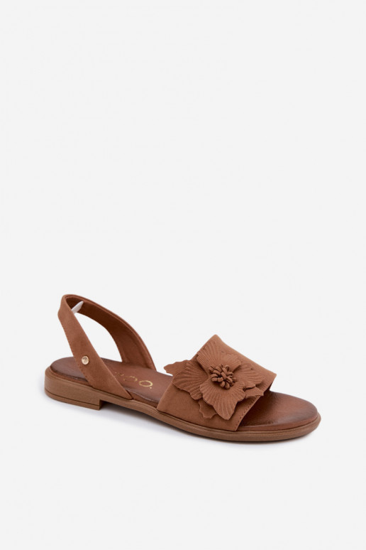 Sandali in suede con tacco largo e fiori decorativi Zazoo 407471 in marrone