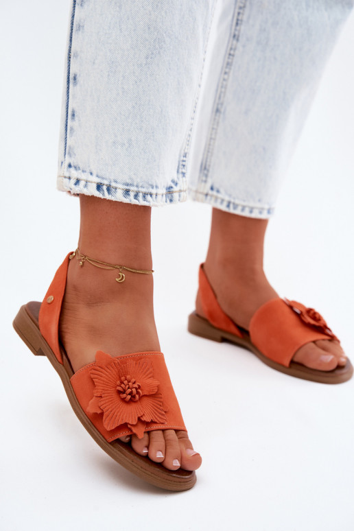 Sandali in suede con tacco largo e fiori decorativi Zazoo 407471 in arancione