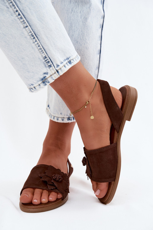 Pelle Sandali in camoscio con tacchi larghi Con decorazioni Un fiore Zazoo 407471 CzekoladoAe