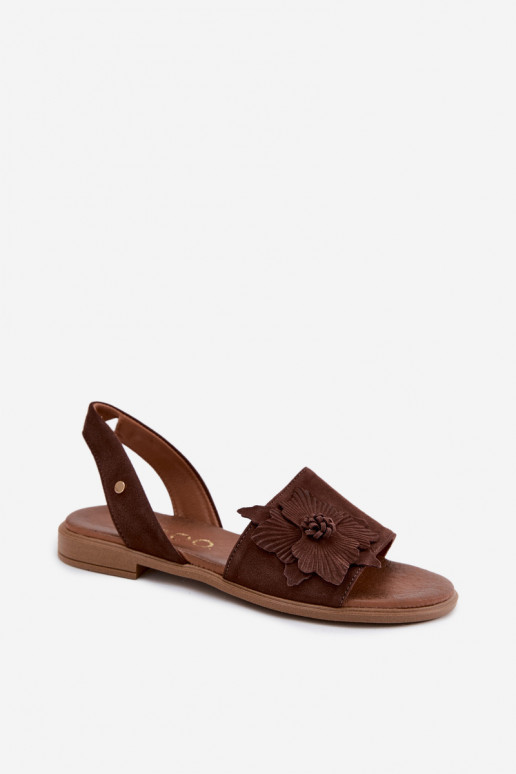 Sandali in suede con tacco largo e fiori decorativi Zazoo 407471 in cioccolato