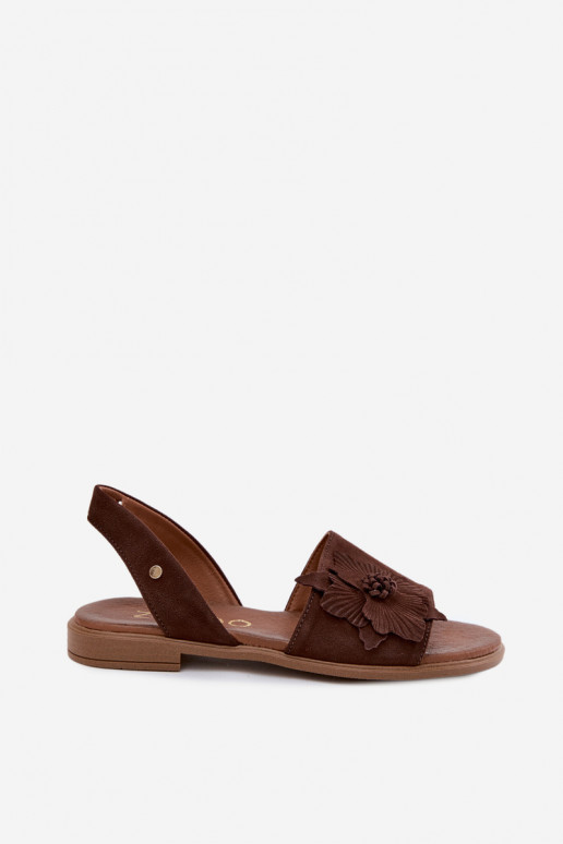 Sandali in suede con tacco largo e fiori decorativi Zazoo 407471 in cioccolato