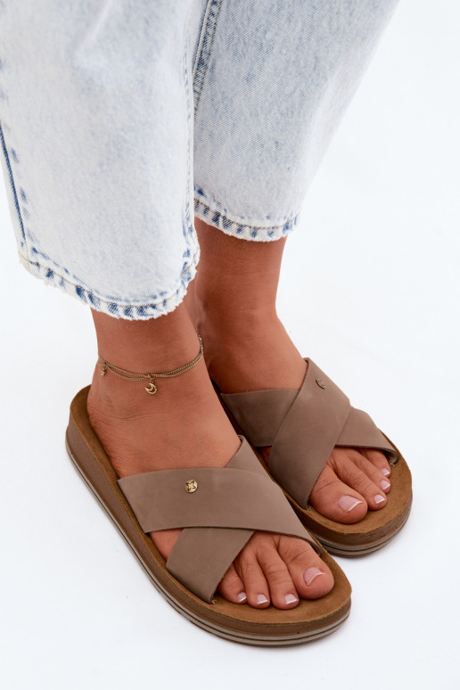 Pelle Pantofole da donna in pelle scamosciata Deveciejka P7504-04 beige