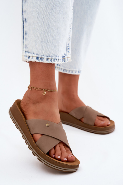 Pelle Pantofole da donna in pelle scamosciata Deveciejka P7504-04 beige