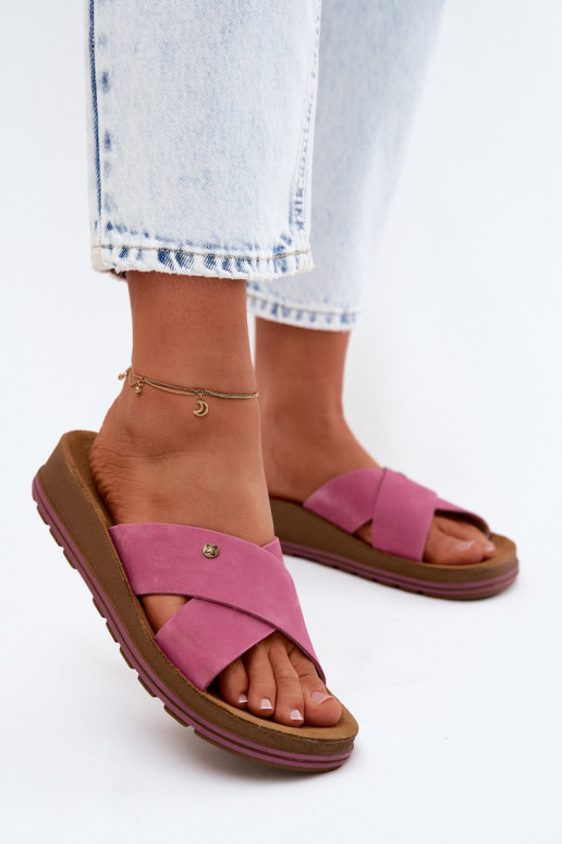 Pelle Pantofole da donna in pelle scamosciata Deveciejka P7504-15 colore rosa