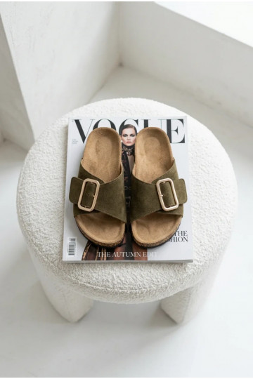 Pelle Pantofole da donna in pelle scamosciata con fibbie colore kaki Beryl