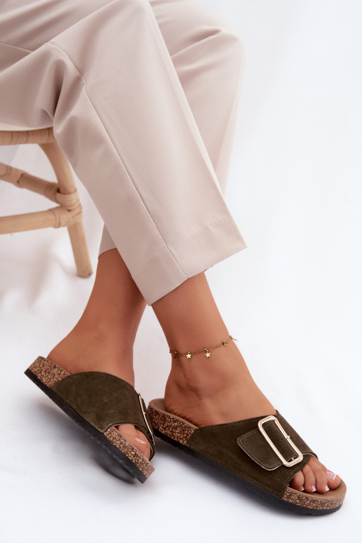 Pelle Pantofole da donna in pelle scamosciata con fibbie colore kaki Beryl