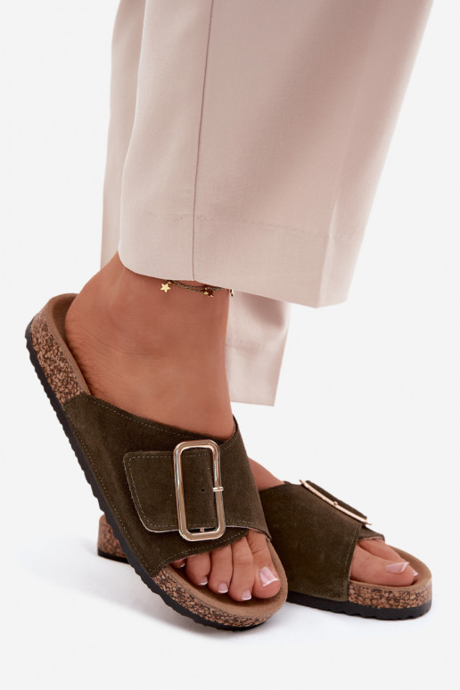 Pelle Pantofole da donna in pelle scamosciata con fibbie colore kaki Beryl