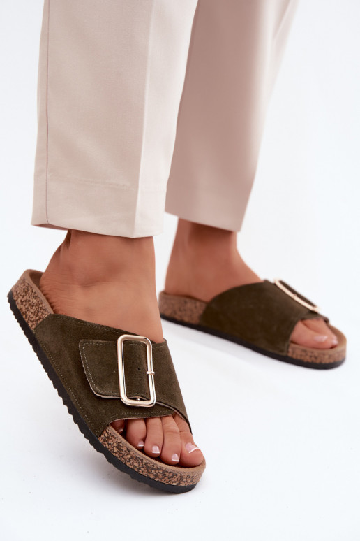 Pelle Pantofole da donna in pelle scamosciata con fibbie colore kaki Beryl