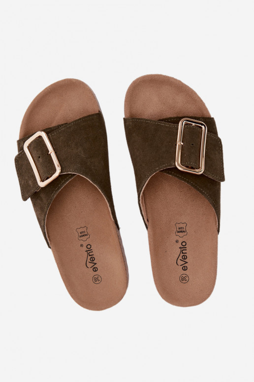 Pelle Pantofole da donna in pelle scamosciata con fibbie colore kaki Beryl