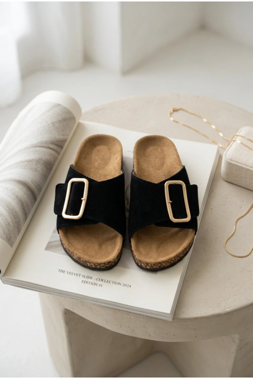 Pelle Pantofole da donna in pelle scamosciata con fibbie colore nero Beryl