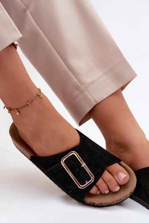 Pelle Pantofole da donna in pelle scamosciata con fibbie colore nero Beryl