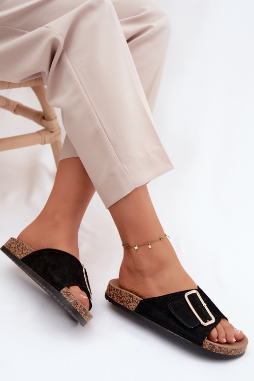 Pelle Pantofole da donna in pelle scamosciata con fibbie colore nero Beryl