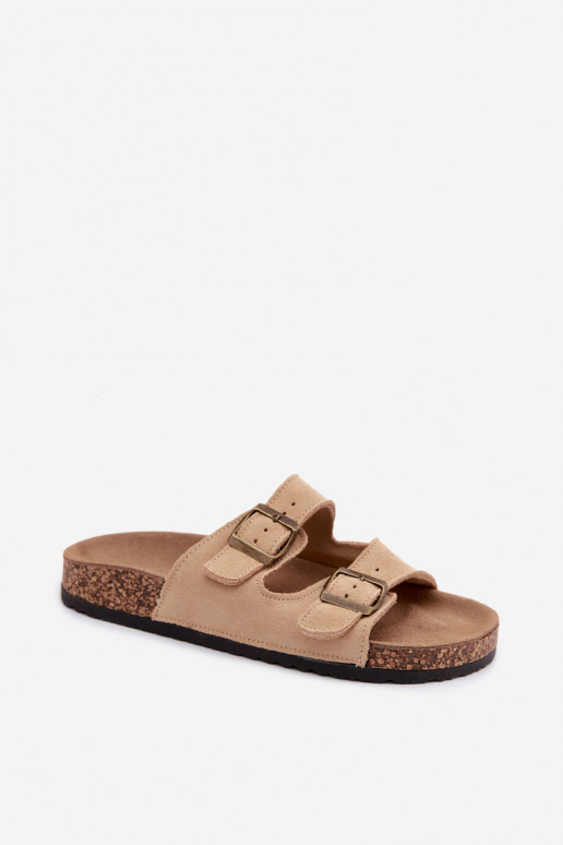 pantofole in pelle scamosciata Su suola in sughero con fibbie beige Tavira