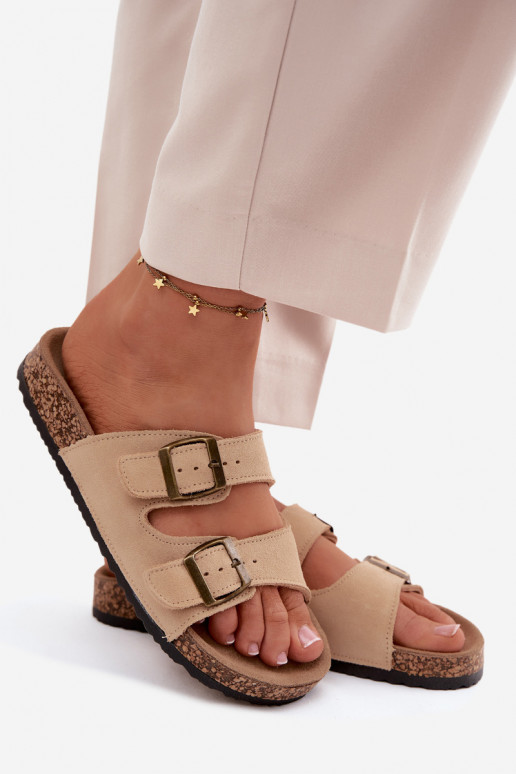 pantofole in pelle scamosciata Su suola in sughero con fibbie beige Tavira