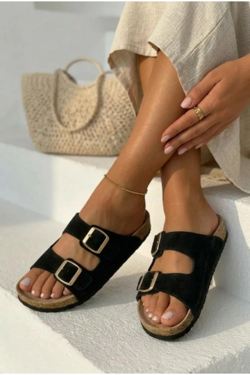 Pantofole in suede sintetico su suola di sughero con fibbie color nero Tavira
