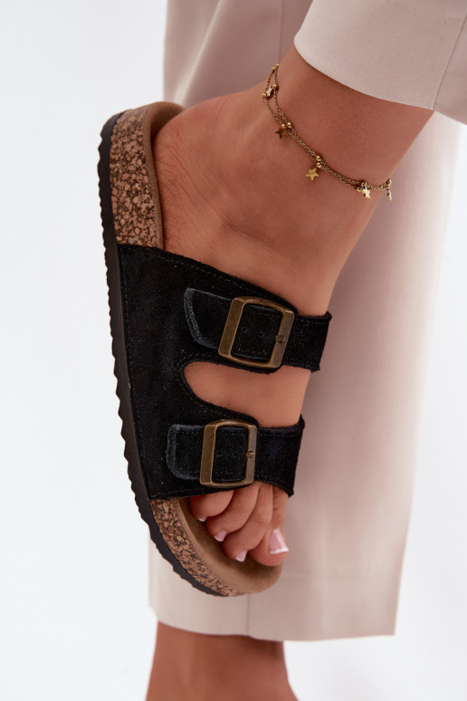 pantofole in pelle scamosciata Su suola in sughero con fibbie colore nero Tavira