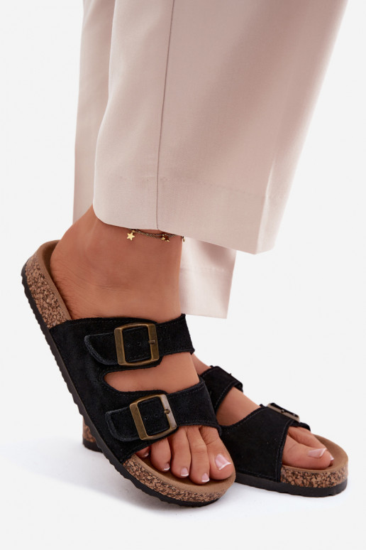 pantofole in pelle scamosciata Su suola in sughero con fibbie colore nero Tavira