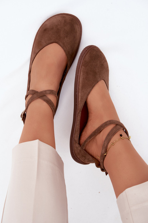 Ballerine da donna in suede sintetico con cinturini Zazoo 320 color marrone