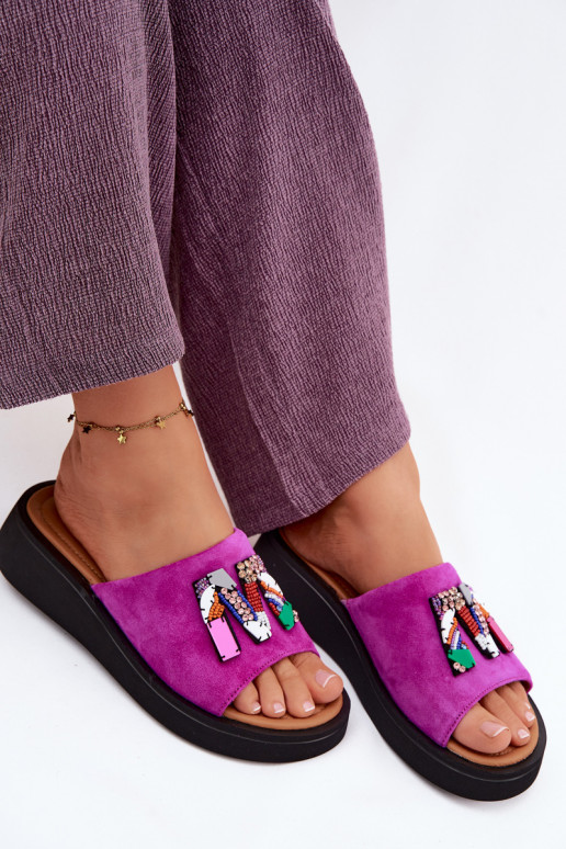 Pelle Pantofole da donna in pelle scamosciata con ornamenti con una piattaforma Vinceza 66942 colore rosa