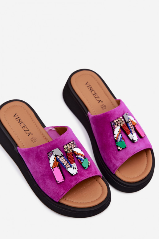 Pelle Pantofole da donna in pelle scamosciata con ornamenti con una piattaforma Vinceza 66942 colore rosa