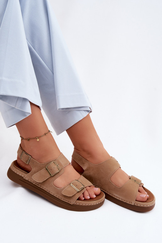 Sandali da donna in suede sintetico con fibbie Vinceza 79620 color marrone
