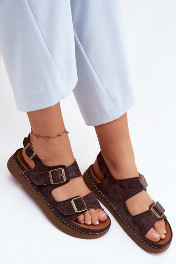 Sandali da donna in suede sintetico marroni con fibbie Vinceza 79620