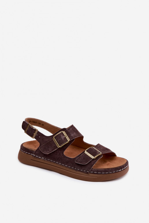 Sandali da donna in suede sintetico marroni con fibbie Vinceza 79620