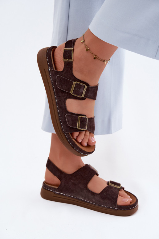 Sandali da donna in suede sintetico marroni con fibbie Vinceza 79620