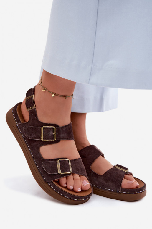 Sandali da donna in suede sintetico marroni con fibbie Vinceza 79620