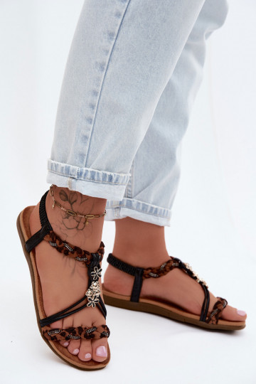 Sandali da donnaPrzypinkami I Plecionymi Paskami colore nero con motivi di pelliccia di leopardo Nusoreth