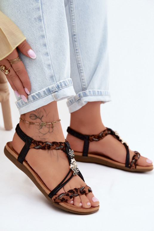 Sandali da donnaPrzypinkami I Plecionymi Paskami colore nero con motivi di pelliccia di leopardo Nusoreth