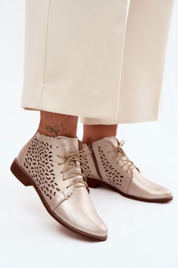 Eleganti stivaletti in pelle perforata dorata con tacco largo Zazoo 4078 2
