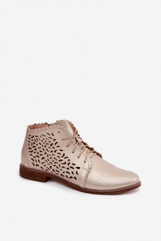 Eleganti stivaletti in pelle perforata dorata con tacco largo Zazoo 4078