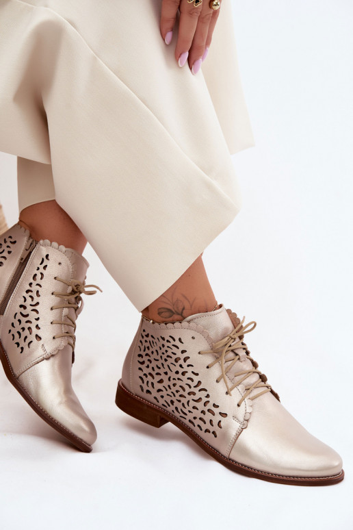 Pelle Stivali traforati con tacchi larghi Zazoo 4078 colore dorato