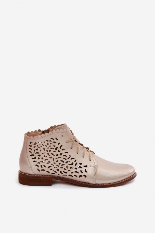 Eleganti stivaletti in pelle perforata dorata con tacco largo Zazoo 4078