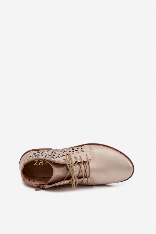 Eleganti stivaletti in pelle perforata dorata con tacco largo Zazoo 4078