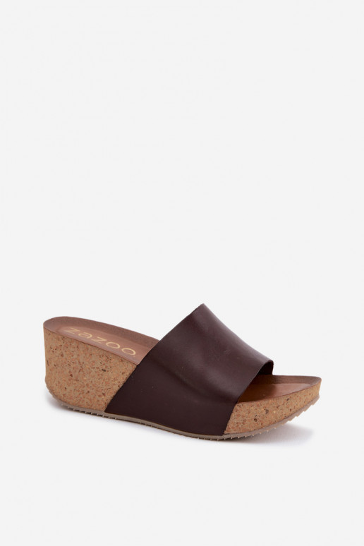 Pantofole in pelle color cioccolato Zazoo 40291 con suola in sughero