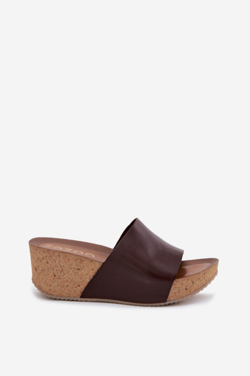 Pantofole in pelle color cioccolato Zazoo 40291 con suola in sughero
