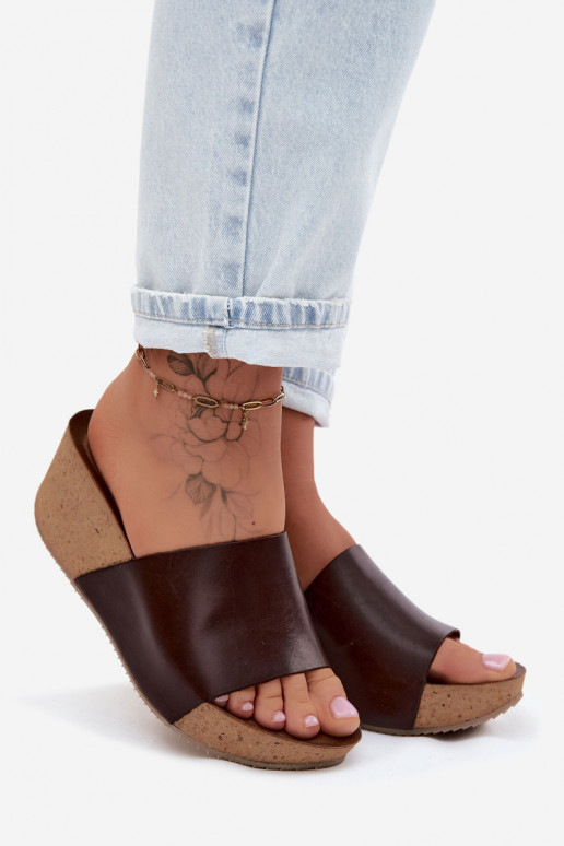 Pantofole in pelle color cioccolato Zazoo 40291 con suola in sughero